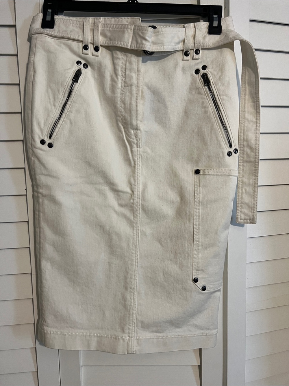 Tom Ford Cream Belted Pencil Skirt with Zip & Rivet Details
